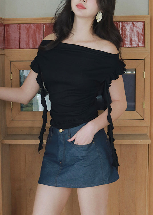 Slim Fit Black Slash Neck Ruffled Cotton T Shirt Summer