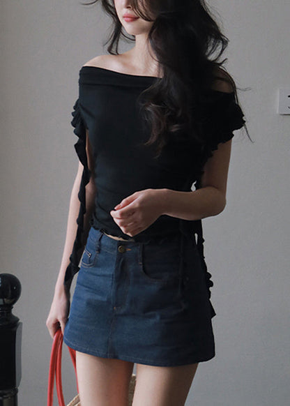 Slim Fit Black Slash Neck Ruffled Cotton T Shirt Summer