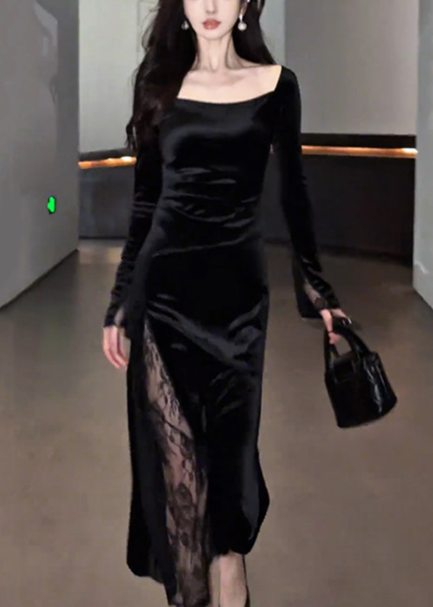 Slim Fit Black Square Collar Lace Patchwork Silk Velvet Long Dress Fall
