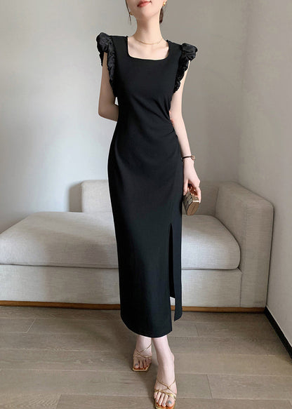 Slim Fit Black Square Collar Side Open Cotton Long Dresses Summer