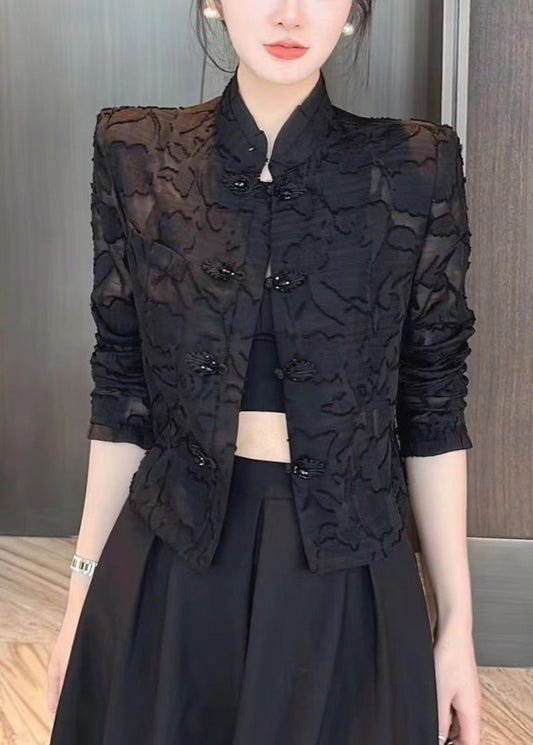 Slim Fit Black Stand Collar Embroideried Lace Upf 50+ Coats Long Sleeve