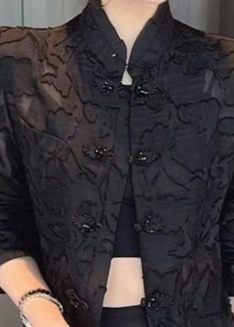 Slim Fit Black Stand Collar Embroideried Lace Upf 50+ Coats Long Sleeve