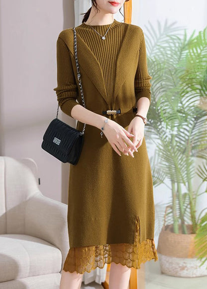 Slim Fit Black Stand Collar Lack Patchwork Llong Cotton Knit Sweater Dress Spring