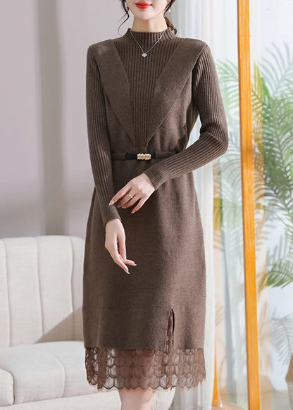 Slim Fit Black Stand Collar Lack Patchwork Llong Cotton Knit Sweater Dress Spring