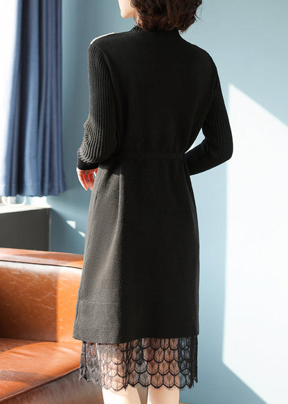 Slim Fit Black Stand Collar Lack Patchwork Llong Cotton Knit Sweater Dress Spring