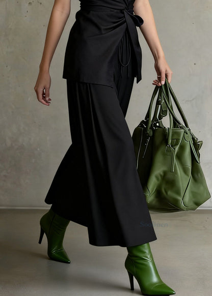 Slim Fit Black Wrinkled Front Open Tops and Wide Leg Pants Two Piece Set Sleeveless