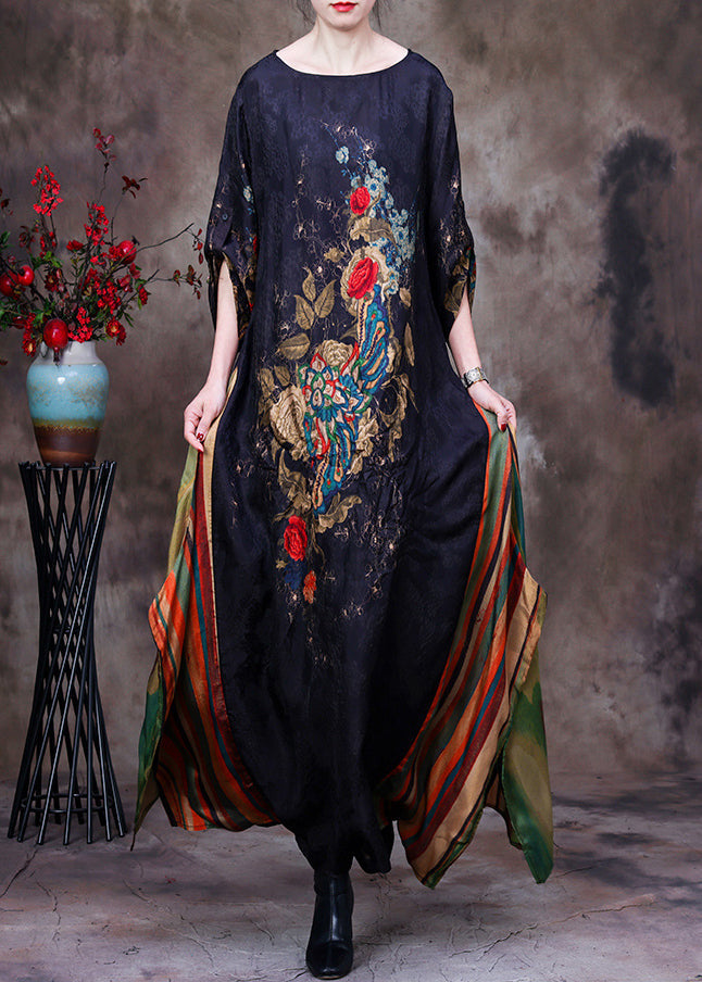 Slim Fit Black Yellow Colour O-neck Print Patchwork Silk Maxi Dress Long Sleeve