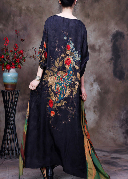 Slim Fit Black Yellow Colour O-neck Print Patchwork Silk Maxi Dress Long Sleeve