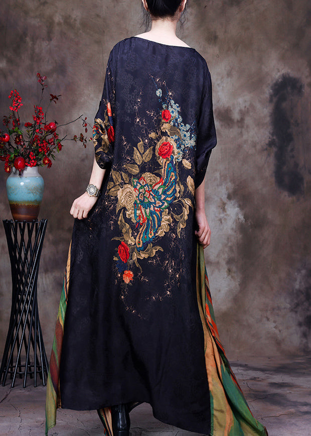 Slim Fit Black Yellow Colour O-neck Print Patchwork Silk Maxi Dress Long Sleeve
