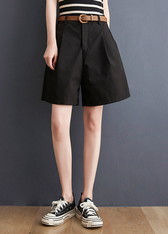 Slim Fit Black Wrinkled Pockets Hot Pants Summer