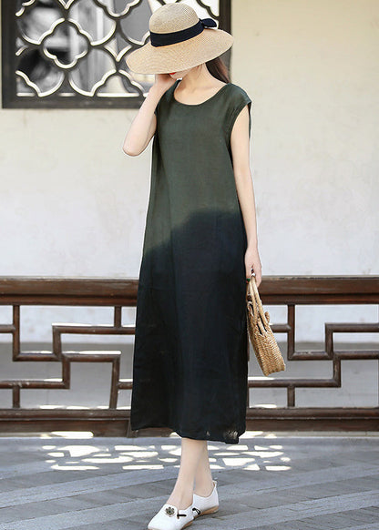 Slim Fit Blackish Green O-neck Color Contrast Tie Dye Long Dress Sleeveless