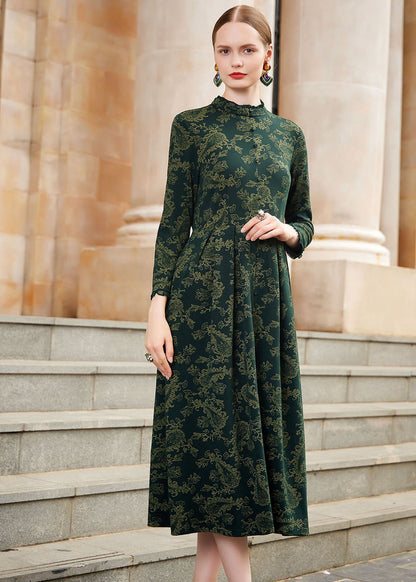 Slim Fit Blackish Green Print Wrinkled High Waist Knit Maxi Dresses Long Sleeve