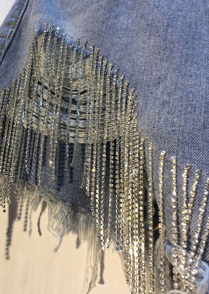 Slim Fit Blue Asymmetrical Design Tassel Diamond Cotton Denim Shorts