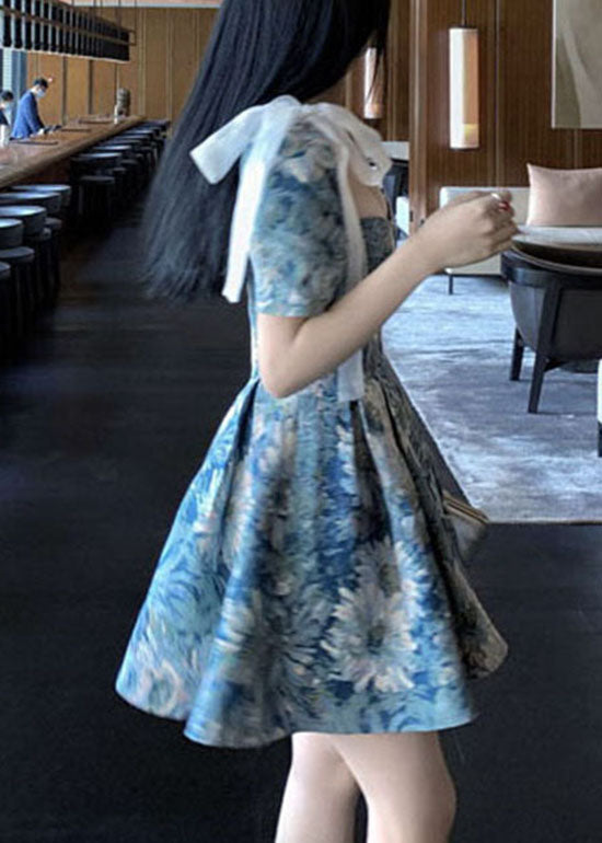 Slim Fit Blue Bow Cinched Print Short Dresses Short Sleeve