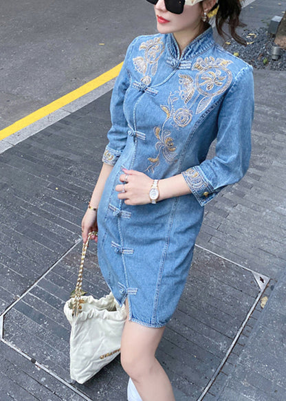 Slim Fit Blue Embroideried Button Denim Mid Dresses Bracelet Sleeve