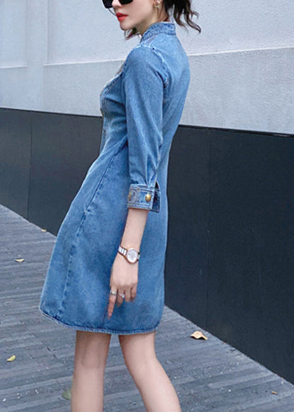 Slim Fit Blue Embroideried Button Denim Mid Dresses Bracelet Sleeve