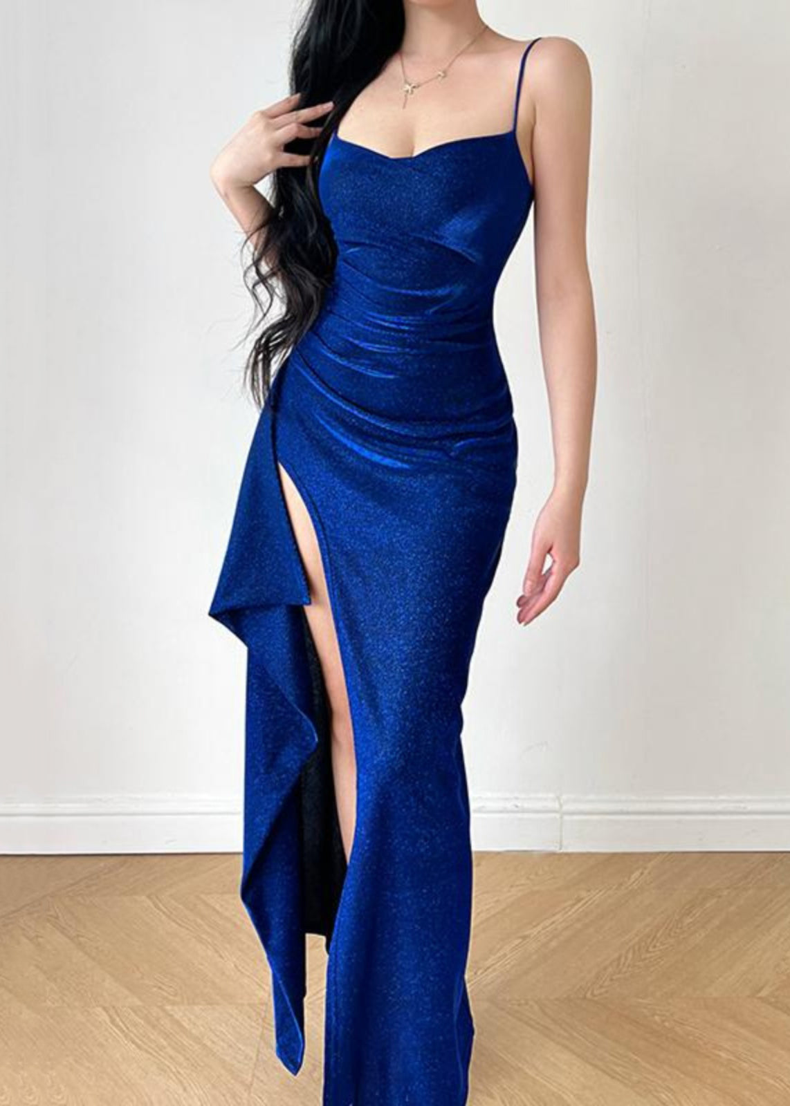 Slim Fit Blue Front Open Spaghetti Strap Dress Sleeveless