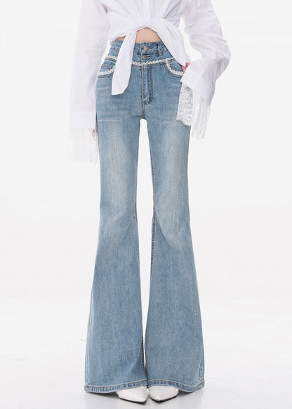 Slim Fit Blue Lace High Waist Denim Flared Trousers Fall