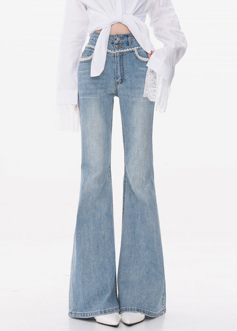 Slim Fit Blue Lace High Waist Denim Flared Trousers Fall
