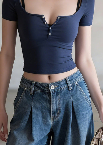 Slim Fit Blue Patchwork T Shirts Summer