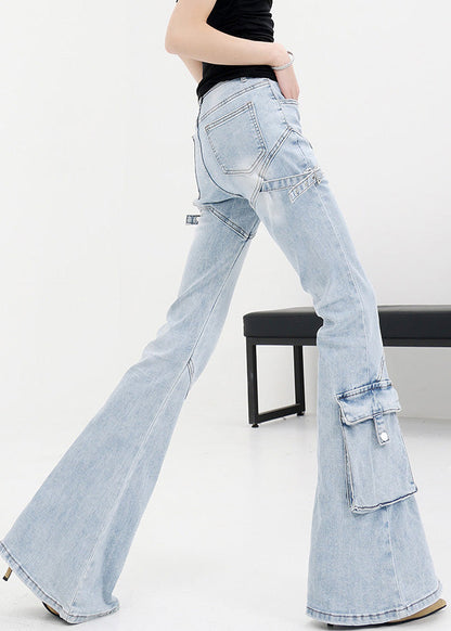 Slim Fit Blue Pockets Patchwork Denim Flared Trousers Fall