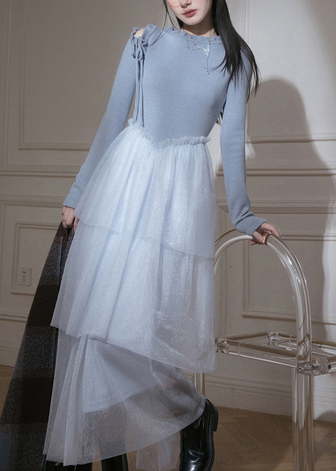 Slim Fit Blue Ruffled Up Tulle Patchwork Knit Long Dresses Spring
