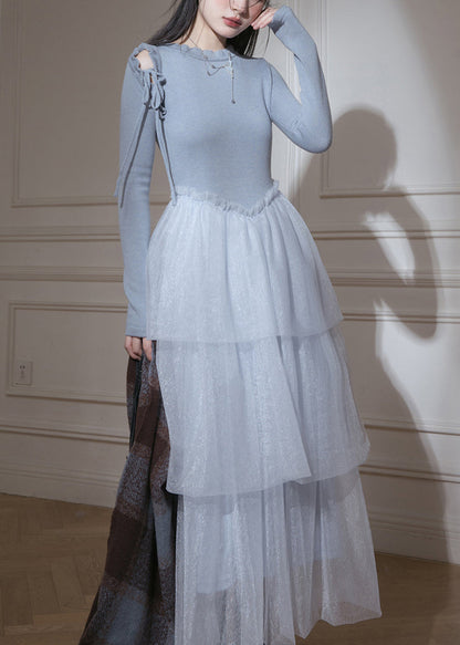 Slim Fit Blue Ruffled Up Tulle Patchwork Knit Long Dresses Spring