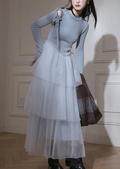 Slim Fit Blue Ruffled Up Tulle Patchwork Knit Long Dresses Spring