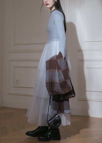 Slim Fit Blue Ruffled Up Tulle Patchwork Knit Long Dresses Spring