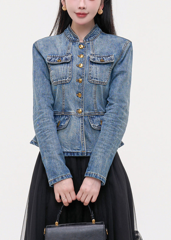 Slim Fit Blue Stand Collar Pockets Patchwork Denim Coats Spring
