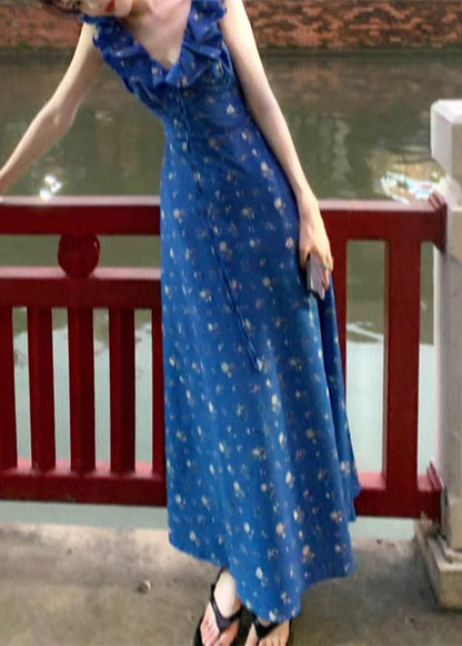Slim Fit Blue V Neck Ruffled Patchwork Maxi Dress Summer