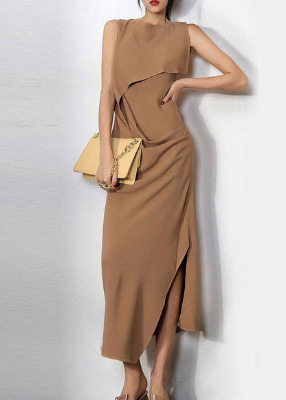 Slim Fit Camel Asymmetrical Side Open Holiday Long Dress Sleeveless
