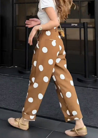 Slim Fit Coffee Dot Pockets High Waist Cotton Pants Summer