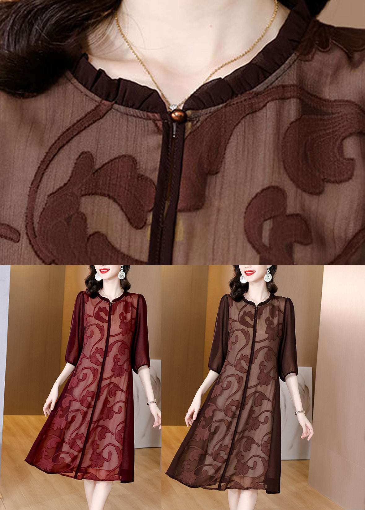 Slim Fit Coffee O-neck Print Silk Maxi Dresses Summe