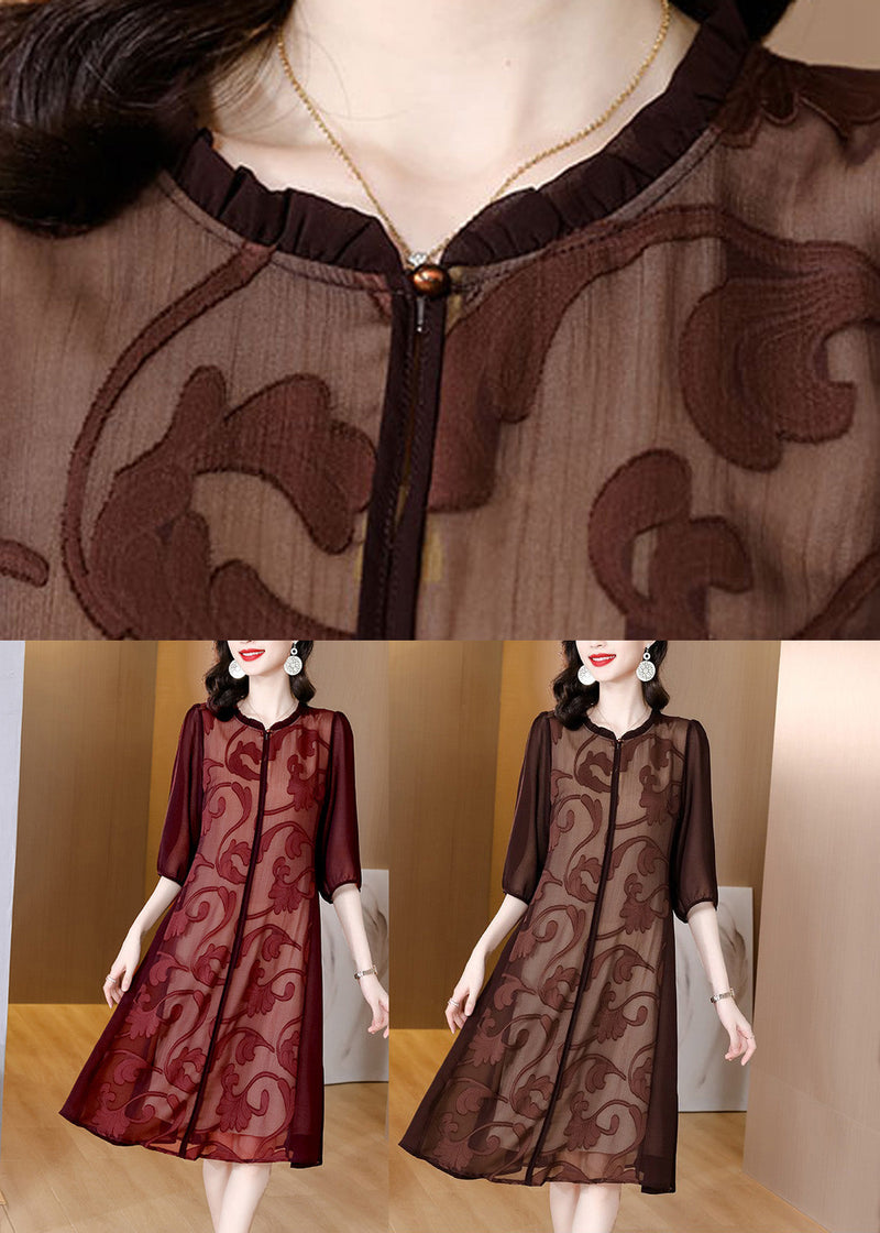 Slim Fit Coffee O-neck Print Silk Maxi Dresses Summe