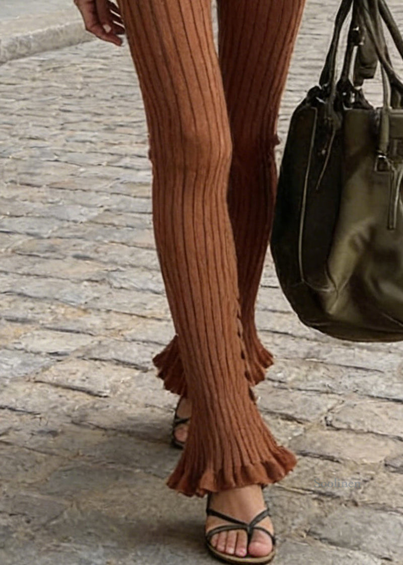 Slim Fit Coffee Ruffled Elastic Waist Knit Flared Trousers Spring