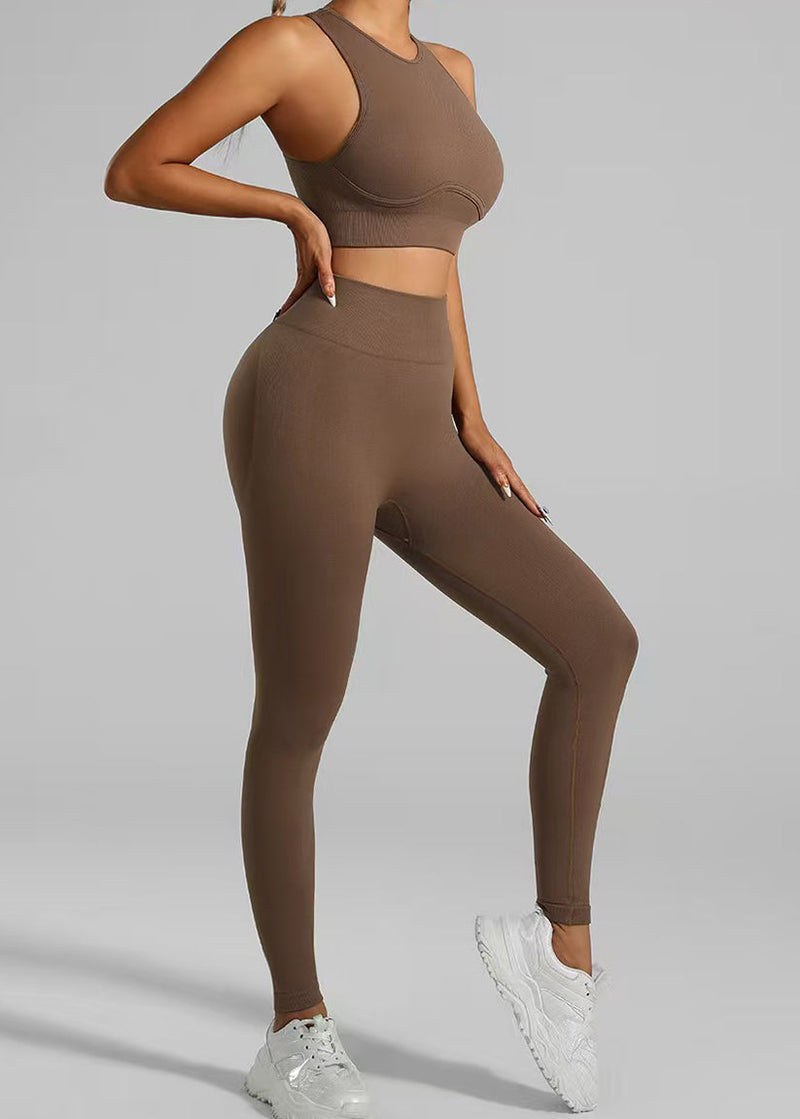 Slim Fit Coffee Sports Bra and Seamless Yoga Pants Leggings Set Suit
