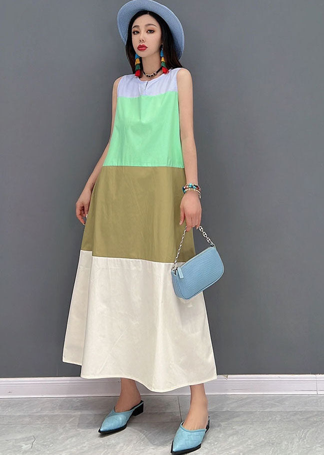 Slim Fit Colorblock O-neck Patchwork Cotton Holiday Long Dress Sleeveless