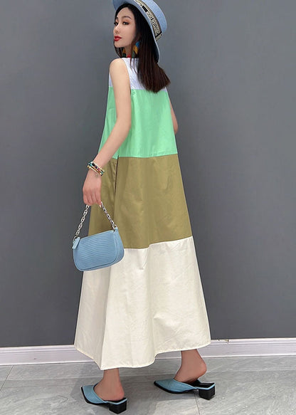 Slim Fit Colorblock O-neck Patchwork Cotton Holiday Long Dress Sleeveless