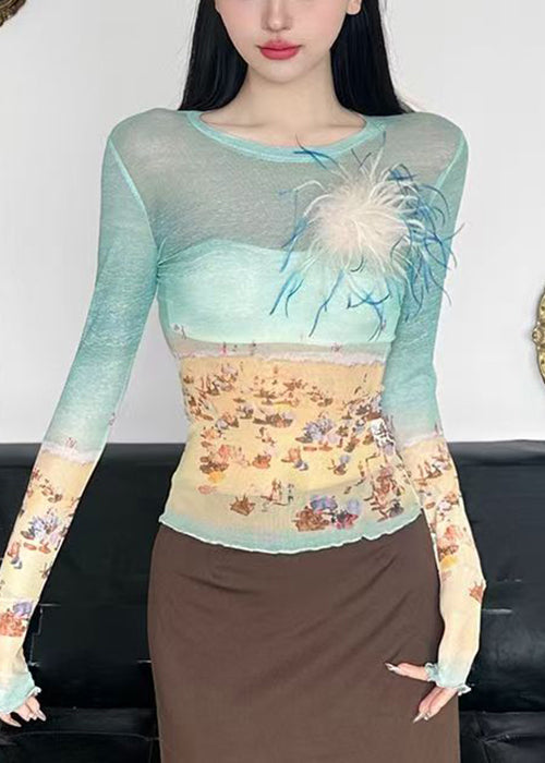Slim Fit Colorblock O-neck Print Tulle T Shirts Summer