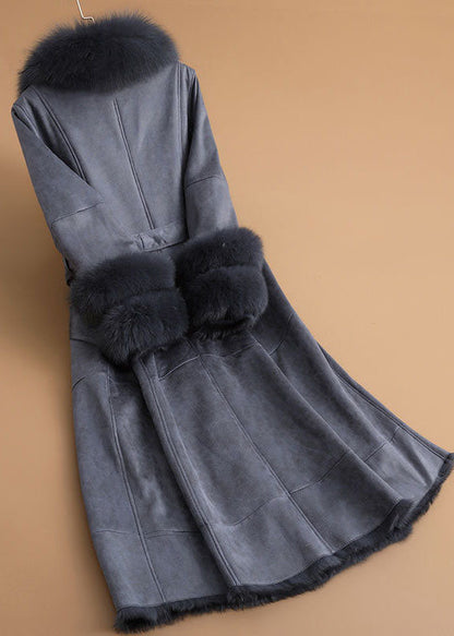 Slim Fit Denim Blue Fox Collar Sashes Pockets Leather and Fur Parkas Winter