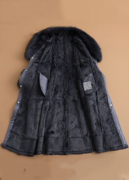 Slim Fit Denim Blue Fox Collar Sashes Pockets Leather and Fur Parkas Winter