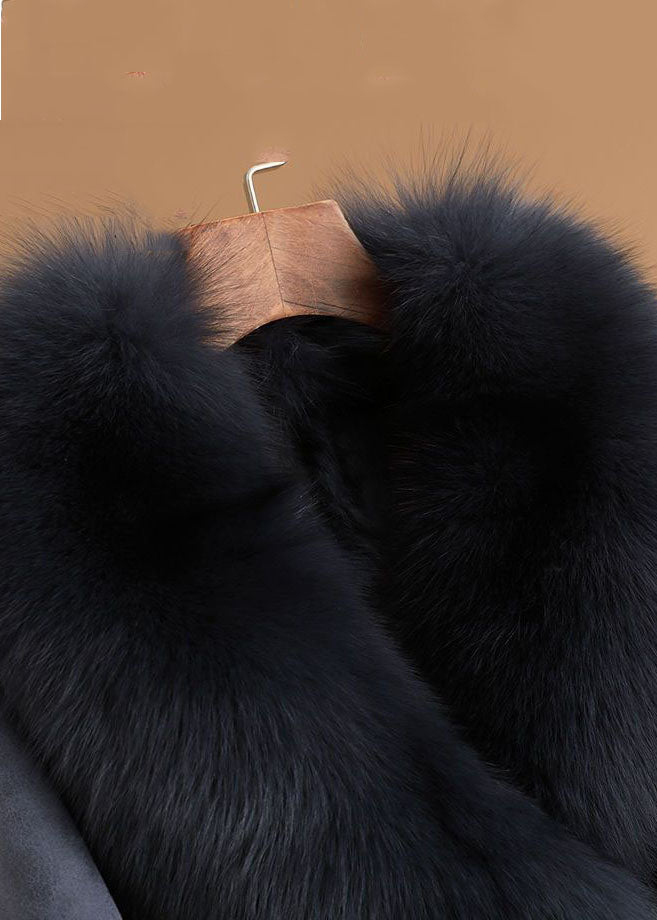 Slim Fit Denim Blue Fox Collar Sashes Pockets Leather and Fur Parkas Winter