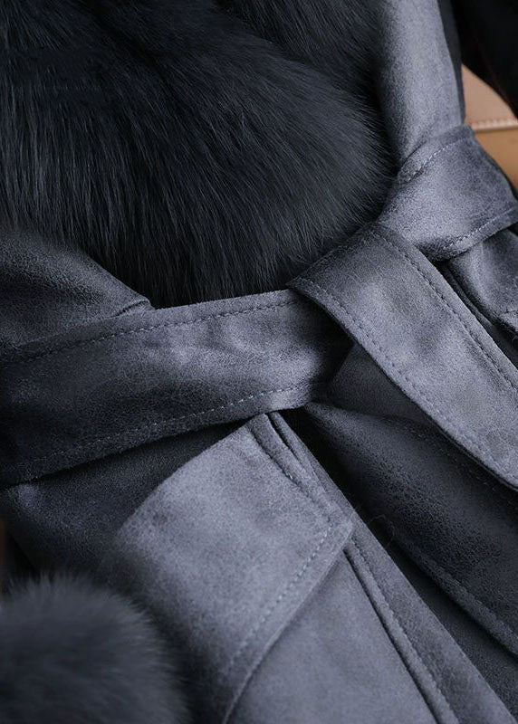 Slim Fit Denim Blue Fox Collar Sashes Pockets Leather and Fur Parkas Winter