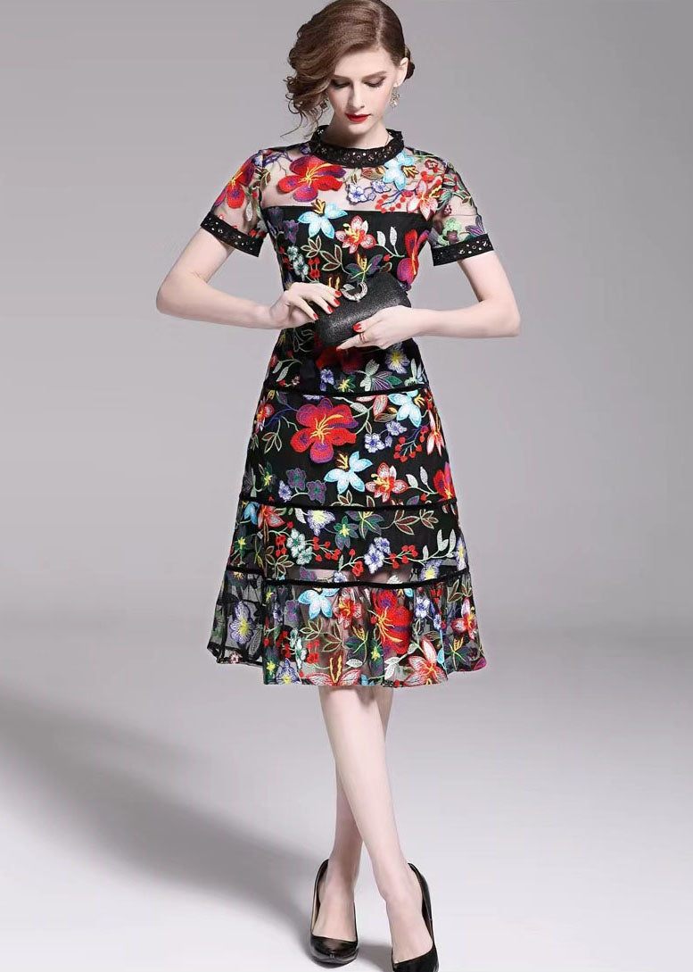 Slim Fit Embroideried Patchwork Tulle Mid Dress Summer
