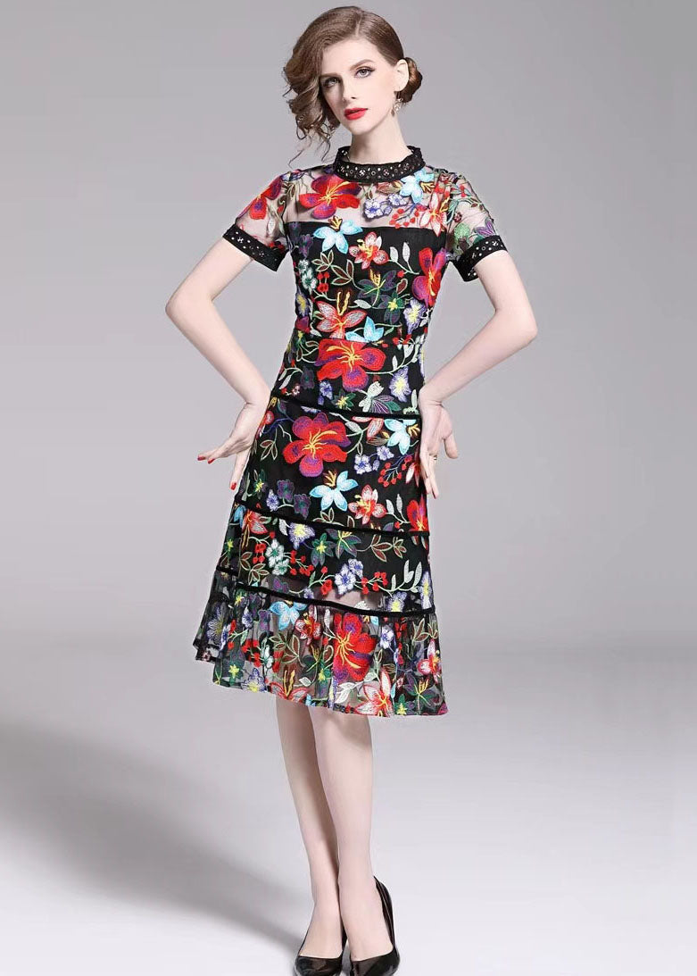 Slim Fit Embroideried Patchwork Tulle Mid Dress Summer
