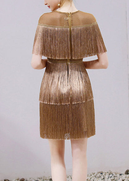 Slim Fit Gold O-neck Tassel Silk Mid Dress Short Sleeve