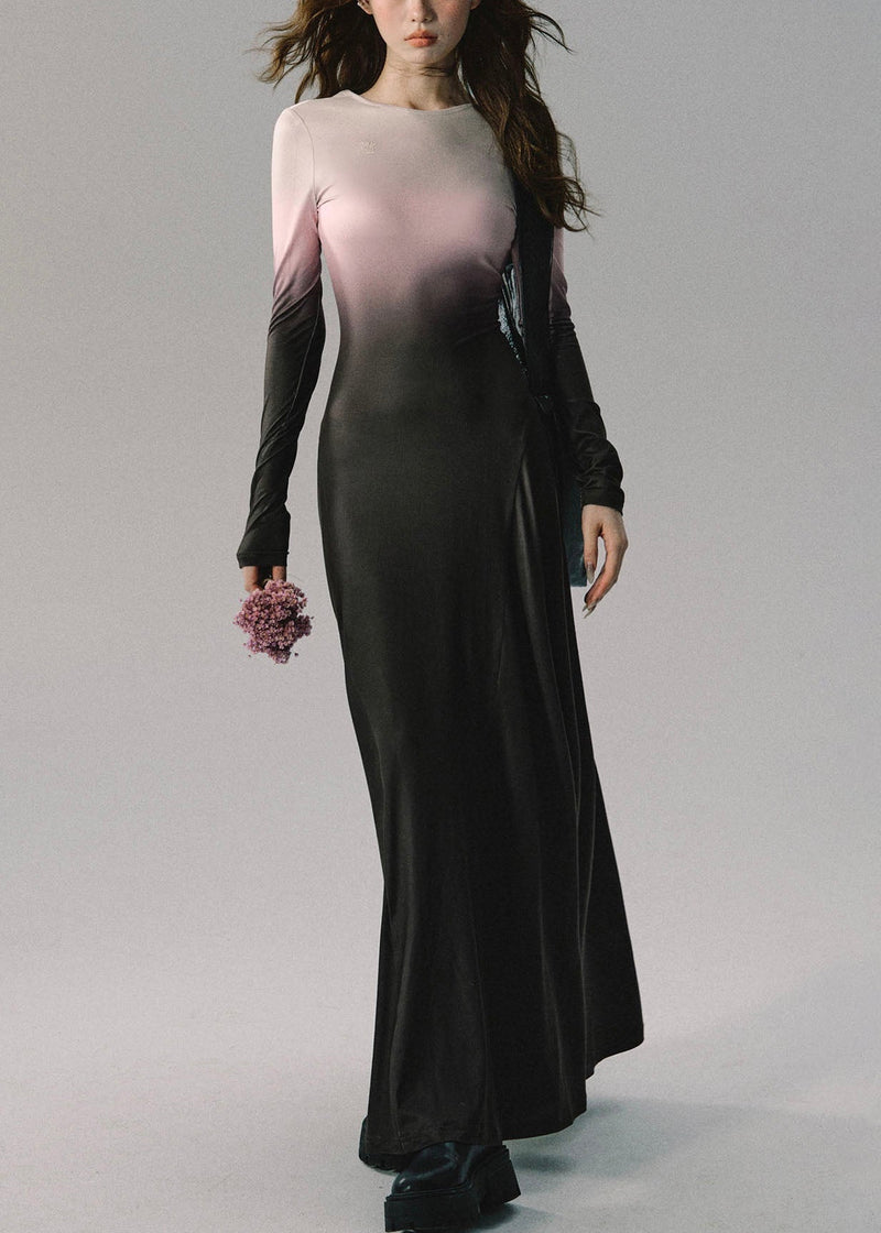 Slim Fit Gradient Color O-neck Backless Hollow Out Maxi Dresses Fall