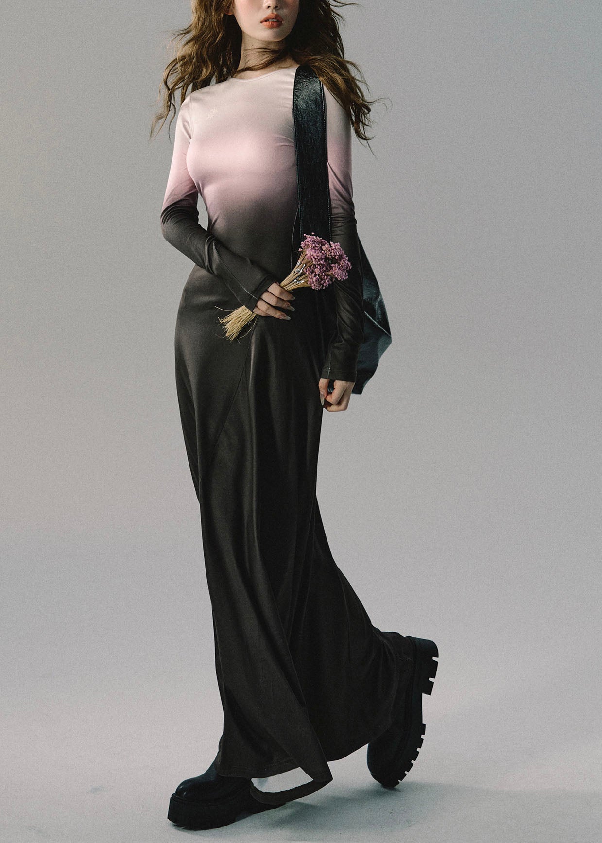 Slim Fit Gradient Color O-neck Backless Hollow Out Maxi Dresses Fall