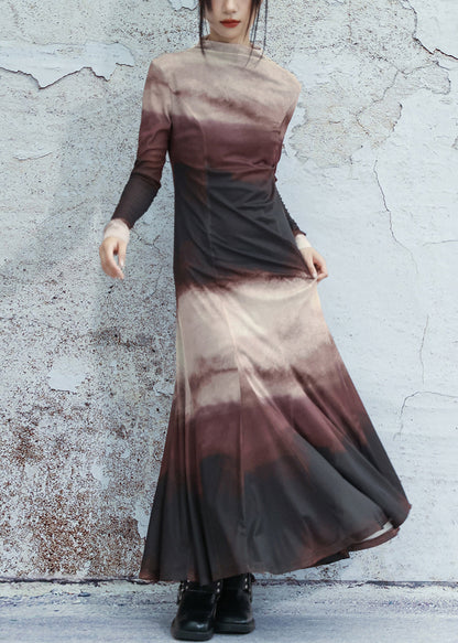 Slim Fit Gradient Color Turtleneck Tulle Long Dresses Spring